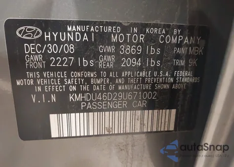 2009 Hyundai Elantra Gls из США, поврежденный, VIN KMHDU46D29U671002